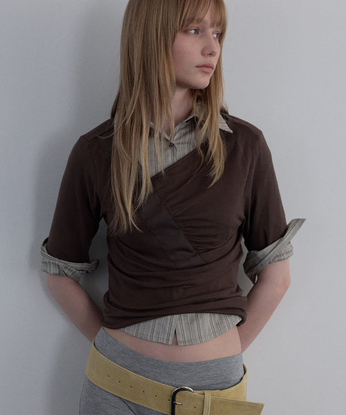 SHIRRING V-NECK TOP_BEIGE - 2 COLORS BROWN