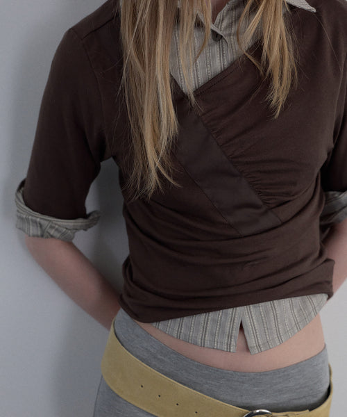 SHIRRING V-NECK TOP_BEIGE - 2 COLORS BROWN