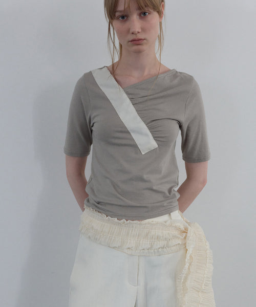 SHIRRING V-NECK TOP_BEIGE - 2 COLORS BEIGE