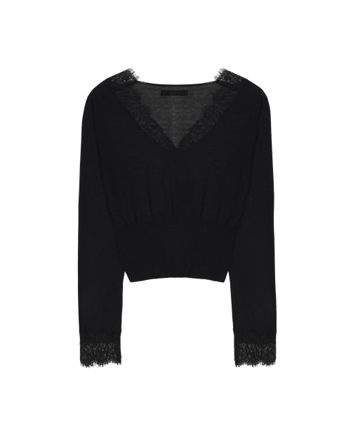 LACE V-NECK KNIT CARDIGAN TOP #徐睿知同款! - 2 COLORS BLACK