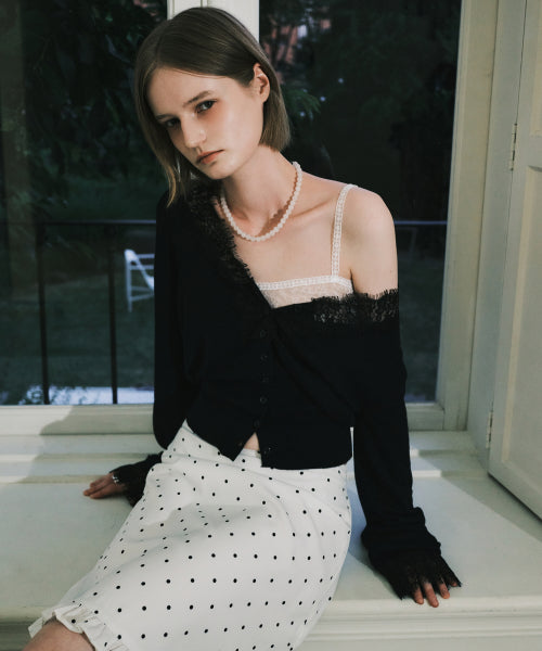LACE V-NECK KNIT CARDIGAN TOP #徐睿知同款! - 2 COLORS BLACK