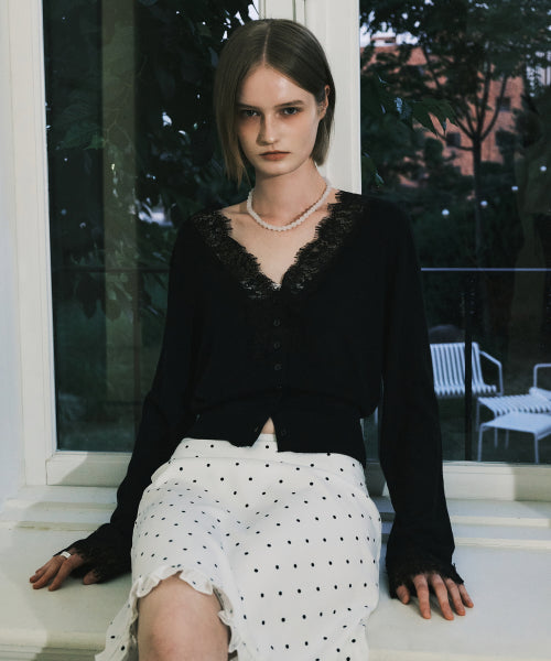 LACE V-NECK KNIT CARDIGAN TOP #徐睿知同款! - 2 COLORS BLACK
