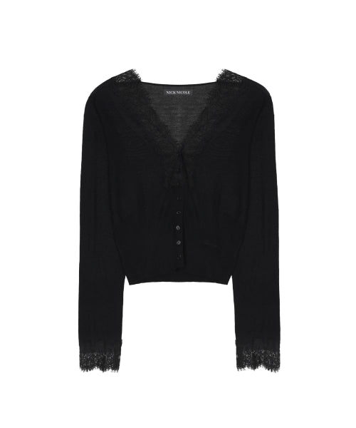 LACE V-NECK KNIT CARDIGAN TOP #徐睿知同款! - 2 COLORS BLACK