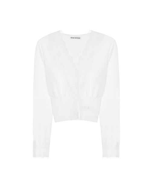 LACE V-NECK KNIT CARDIGAN TOP #徐睿知同款! - 2 COLORS WHITE