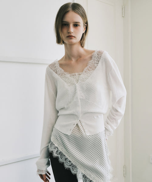 LACE V-NECK KNIT CARDIGAN TOP #徐睿知同款! - 2 COLORS WHITE