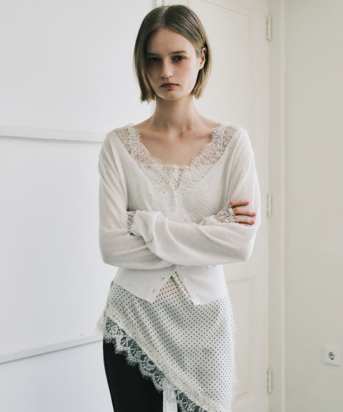 LACE V-NECK KNIT CARDIGAN TOP #徐睿知同款! - 2 COLORS WHITE