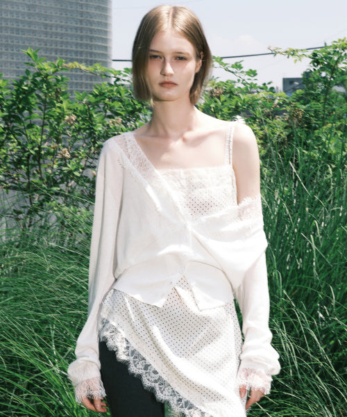 LACE V-NECK KNIT CARDIGAN TOP #徐睿知同款! - 2 COLORS WHITE
