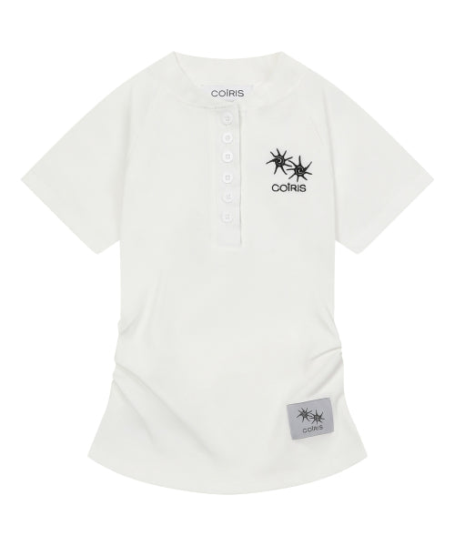 HENLEY NECK SHIRRING SHORT SLEEVE TEE - 2 COLORS WHITE