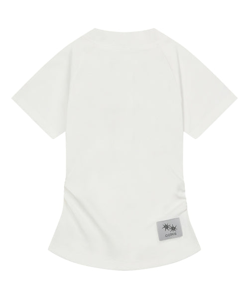 HENLEY NECK SHIRRING SHORT SLEEVE TEE - 2 COLORS WHITE