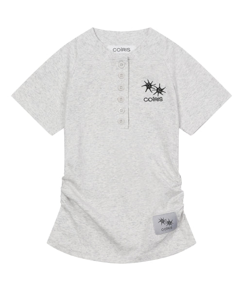 HENLEY NECK SHIRRING SHORT SLEEVE TEE - 2 COLORS WHITE