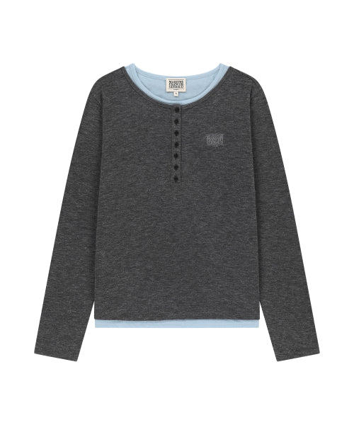 W HENLEY NECK LAYERED LONG SLEEVE TEE - 2 COLORS CHARCOAL