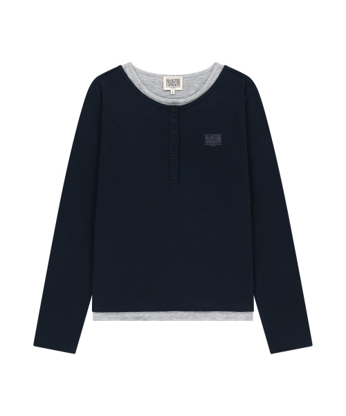 W HENLEY NECK LAYERED LONG SLEEVE TEE - 2 COLORS NAVY