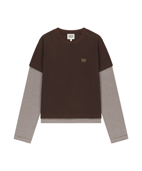 W HALF SLEEVE LAYERED LONG SLEEVE TEE - 2 COLORS BROWN