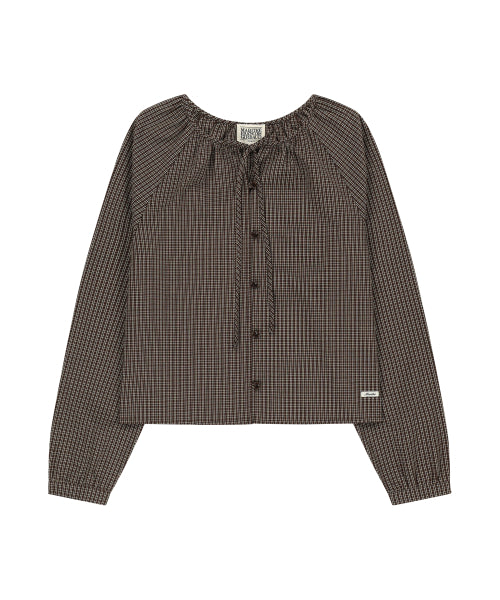 W CHECK RIBBON CROP BLOUSE - 2 COLORS BROWN