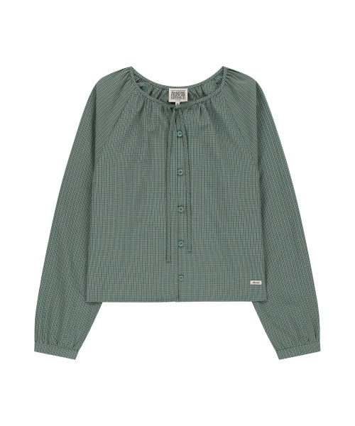 W CHECK RIBBON CROP BLOUSE - 2 COLORS BLUE