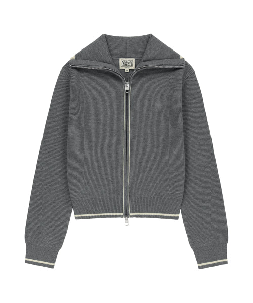 W BIG COLLAR CROP ZIP UP CARDIGAN - 2 COLORS MELANGE GREY