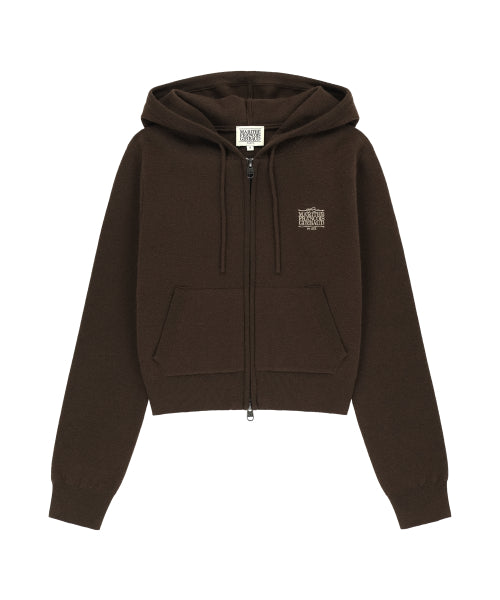 W RIBBON CLASSIC LOGO CROP KNIT HOODIE ZIPUP - 3 COLORS BROWN