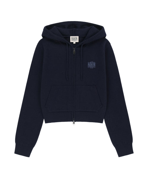 W RIBBON CLASSIC LOGO CROP KNIT HOODIE ZIPUP - 3 COLORS NAVY