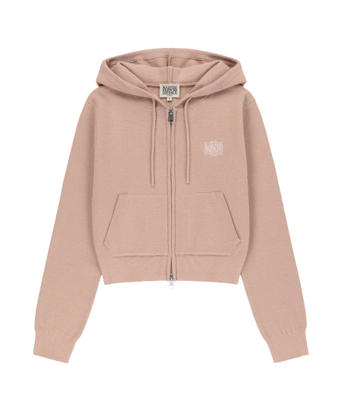 W RIBBON CLASSIC LOGO CROP KNIT HOODIE ZIPUP - 3 COLORS PINK