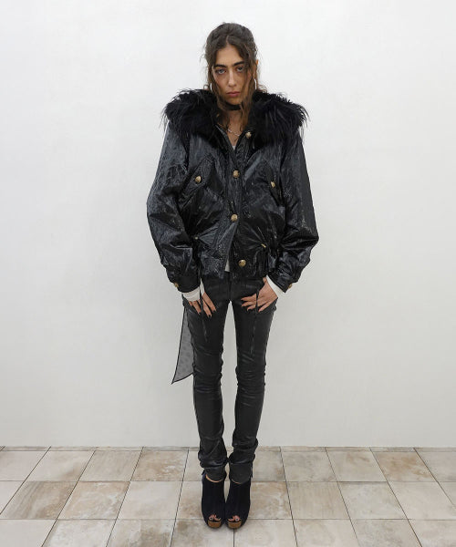 GLOSSY FUR TRIM JACKET - 2 COLORS BLACK