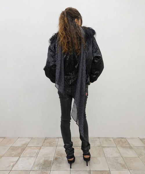 GLOSSY FUR TRIM JACKET - 2 COLORS BLACK