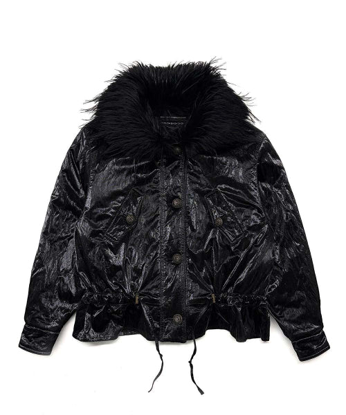 GLOSSY FUR TRIM JACKET - 2 COLORS BLACK