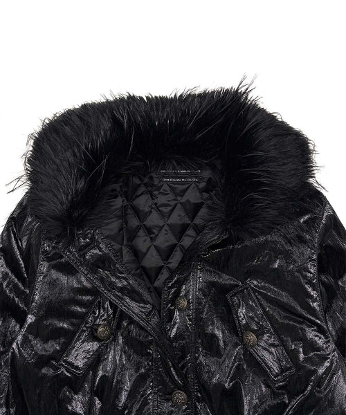 GLOSSY FUR TRIM JACKET - 2 COLORS BLACK