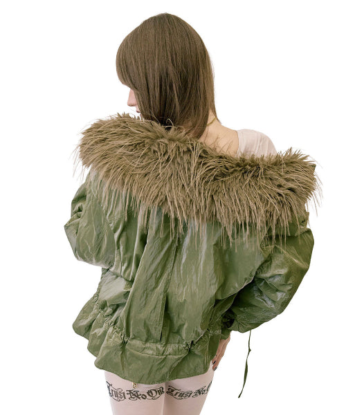 GLOSSY FUR TRIM JACKET - 2 COLORS KHAKI