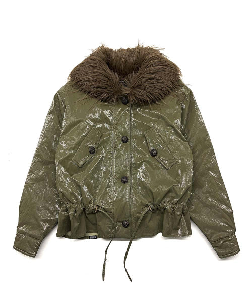 GLOSSY FUR TRIM JACKET - 2 COLORS KHAKI