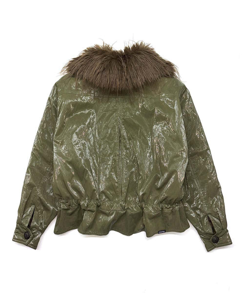 GLOSSY FUR TRIM JACKET - 2 COLORS KHAKI