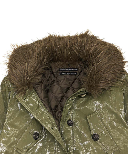GLOSSY FUR TRIM JACKET - 2 COLORS KHAKI