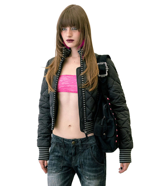 STRIPED RIB LIGHTWEIGHT PUFFER JACKET - 3 COLORS BLACK
