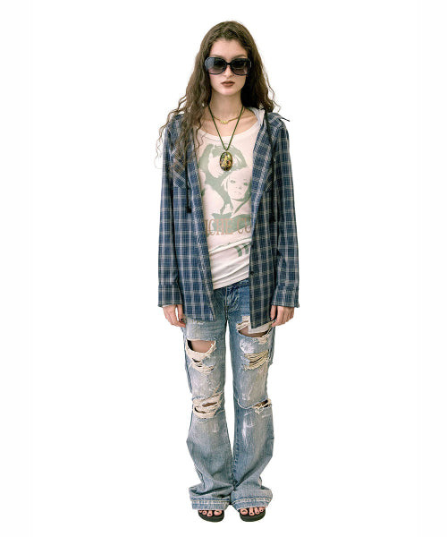 BOYFRIEND HOODED SHIRTS PURPLE CHECK AS SHOWN