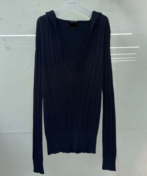 DEEP V CUT HOODED SWEATER - 2 COLORS BLACK