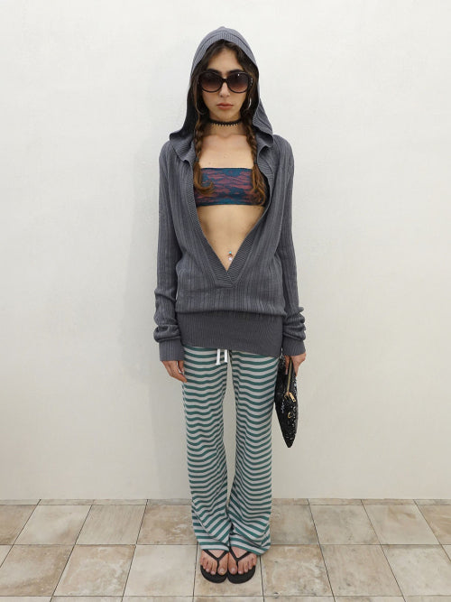 DEEP V CUT HOODED SWEATER HEATHER CHARCOAL
