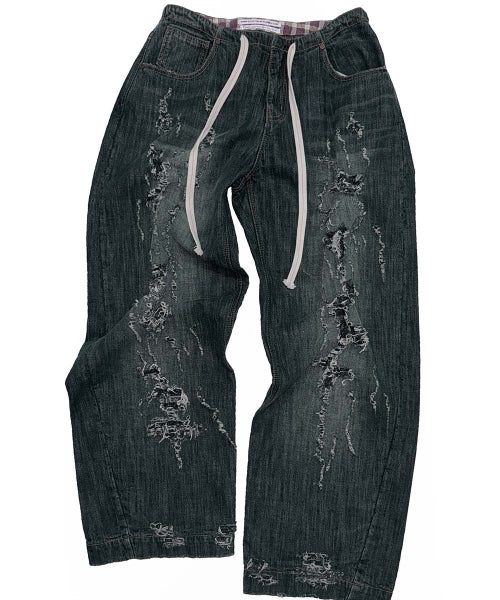 DISTRESSED LAYERED JEANS FADED - 2 COLORS BLACK