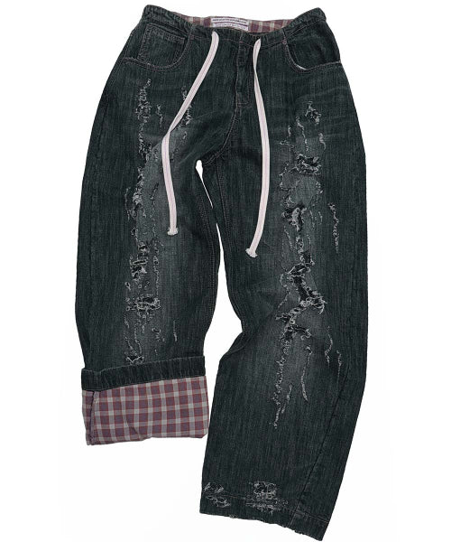 DISTRESSED LAYERED JEANS FADED - 2 COLORS BLACK