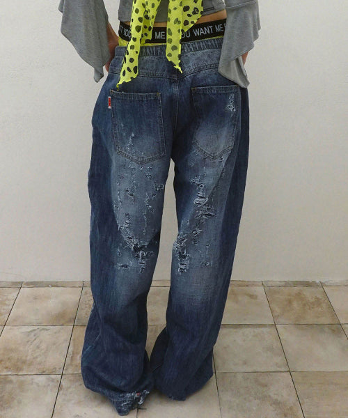 DISTRESSED LAYERED JEANS FADED - 2 COLORS BLUE