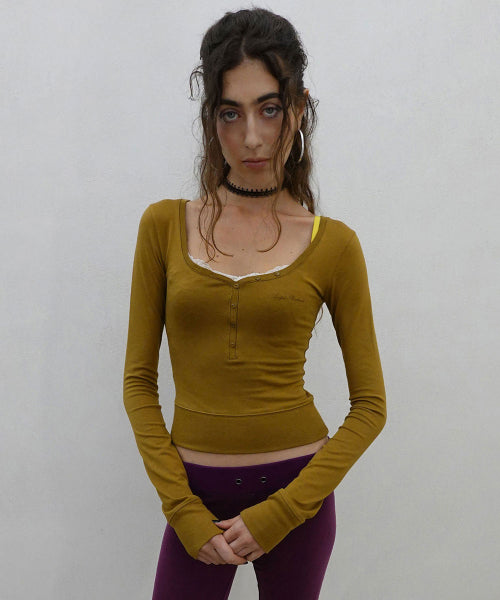 LACE TRIM HENLEY TOP - 3 COLORS CAMEL