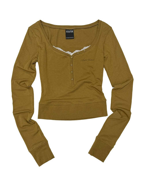LACE TRIM HENLEY TOP - 3 COLORS CAMEL