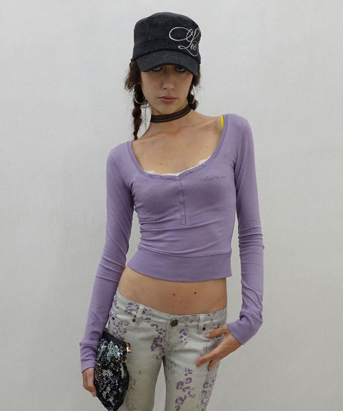 LACE TRIM HENLEY TOP UBE PURPLE