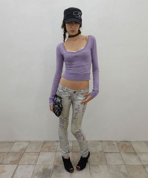 LACE TRIM HENLEY TOP UBE PURPLE