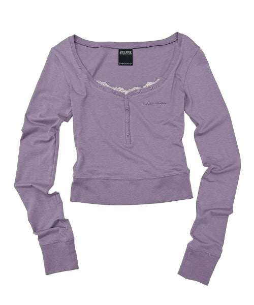 LACE TRIM HENLEY TOP UBE PURPLE