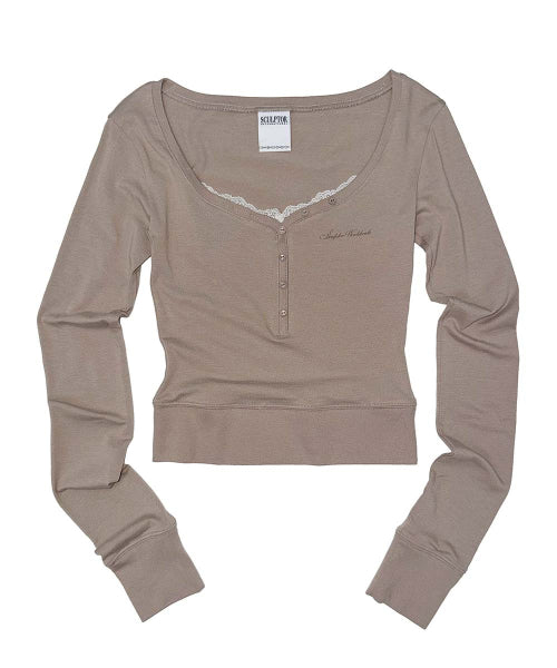 LACE TRIM HENLEY TOP - 3 COLORS BEIGE