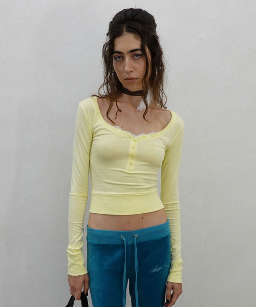 LACE TRIM HENLEY TOP - 3 COLORS LEMON