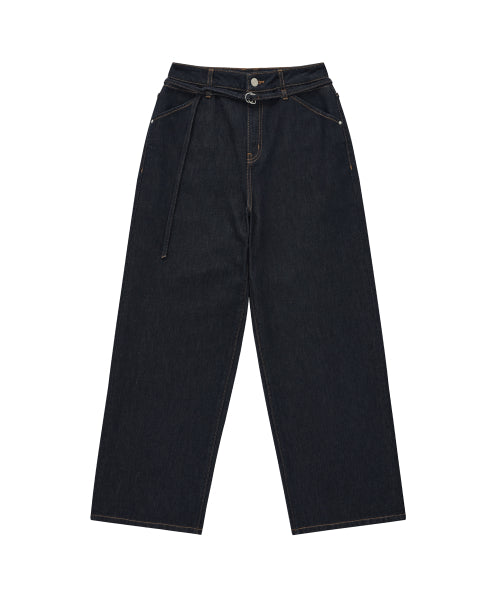 WOMAN WIDE BELTED DENIM PANTS #SANA同款！ - 2 COLORS INDIGO