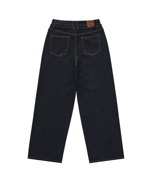 WOMAN WIDE BELTED DENIM PANTS #SANA同款！ - 2 COLORS INDIGO