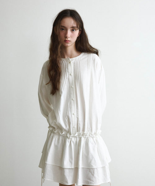 WOMAN PINTUCK FRILL DRESS #SANA同款！ - 2 COLORS IVORY