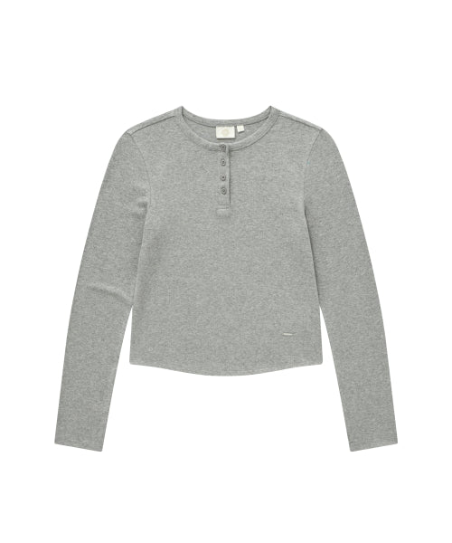 WOMAN HENLEY EYELET LONG SLEEVE #SANA同款！ - 2 COLORS MELANGE GREY