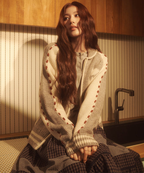 WOMAN HENLEY EYELET LONG SLEEVE #SANA同款！ - 2 COLORS MELANGE GREY